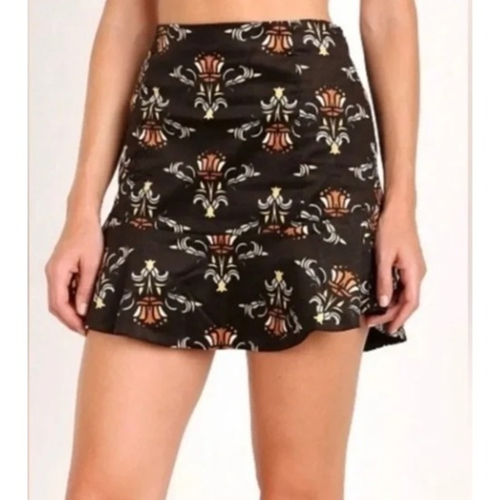 Free People‎ Mini Skirt Black Gold Floral Print Ruffle Hem